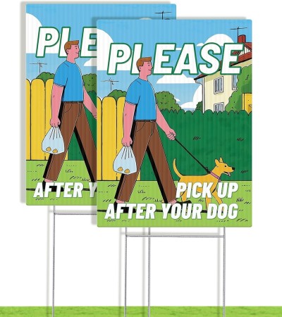 Please Pick Up After Your Dog Signs with Metal H Stakes, 2 Pack Double-Sided Be a Good Neighbor Clean/Pick Up After Your Dog Poop Sign, Weather Resistant and Easy to Install