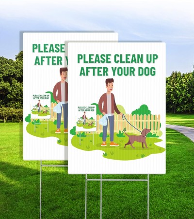 Please Clean Up After Your Dog Signs with Metal H Stakes 24" x 18" , 2 Pack Double-Sided Be a Good Neighbor Clean/Pick Up After Your Dog Poop Sign, Weather Resistant and Easy to Install